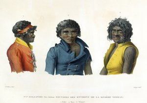 ニューオランダのポートジャクソン：ネピア川地域の先住民、「ヴォヤージュオートゥールデュモンドシュルレコルベットドゥウラニー1817-20」から、1825年に発行されたForgetの彫刻 作： Alphonse Pellion