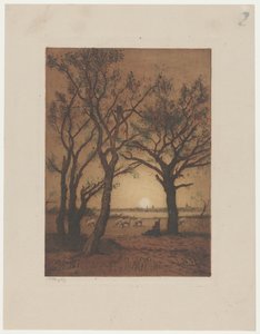 日没時の羊のいる風景 ドレンテの羊のいる夕景 作： Alphonse Stengelin (signed by artist)