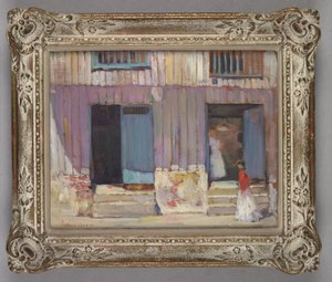 ビルの前を歩く女性 作： Alson Skinner Clark