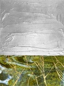 金箔を施した緑と銀の抽象画 作： 