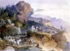 山を越える外交官一行（水彩・紙） 作： Amadeo Preziosi