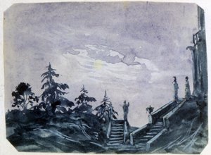 月明かりに照らされた幻想的なシャトーの敷地の眺め」。水彩とガッシュ。Aurore Amadine Lucie Dupin (1804-1876) フランスの小説家、フェミニスト。