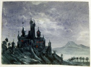 月明かりに照らされた幻想的なシャトーの眺め」。水彩とガッシュ。Aurore Amadine Lucie Dupin (1804-1876) ジョージ・サンドの名で執筆したフランスの小説家、フェミニスト。