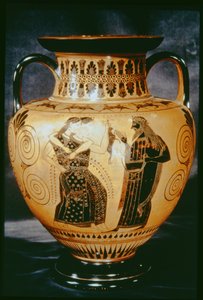 ディオニュシアックシーンを描いた屋根裏の黒い図のアンフォラ、紀元前540〜530年（陶器）