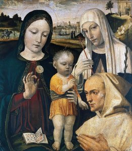 聖母子像、シエナの聖カタリナとカルトゥジオ会の修道士、1490年頃 作： Ambrogio Bergognone