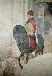悪い政府の寓意、武装した騎手のディテール 作： Ambrogio Lorenzetti
