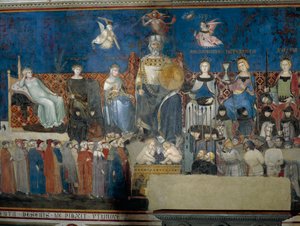 善政の寓意、詳細は「善政と悪政の寓意と町と国への影響」より 作： Ambrogio Lorenzetti