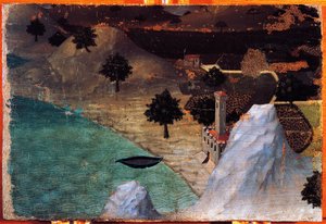 湖畔の城」アンブロジオ・ロレンツェッティ（1319-1347）作、木の上の絵、22x33cm。 作： Ambrogio Lorenzetti