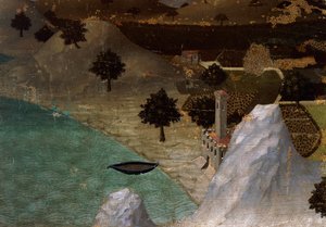 湖畔の城、アンブロジオ・ロレンツェッティ（1290-1348年頃）作、木にテンペラ、22,5x33cm 作： Ambrogio Lorenzetti