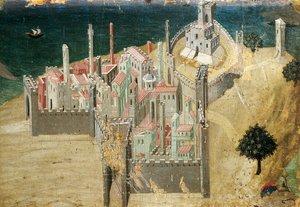 海辺の街」 アンブロジオ・ロレンツェッティ（1290-1348年頃） 木にテンペラと金、22.5x33.5cm 作： Ambrogio Lorenzetti