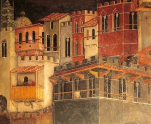 都市における善政の効果、家屋、詳細 アンブロジオ・ロレンツェッティ（活動時期：1285年～1348年）の「都市と国における善政と悪政の寓意と効果」より、フレスコ画、詳細 シエナ、パラッツォ・パブリックの「平和の殿堂」より