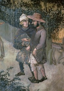 田舎での善政の効果、二人の男が歩きながら話しているディテール 作： Ambrogio Lorenzetti