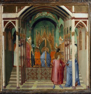 ニコラスをマイラの司教に選出する。聖ニコラスの生涯からの場面（木にテンペラ 作： Ambrogio Lorenzetti