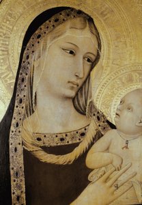 聖母子像、細部聖検事のトリプティク（木にテンペラ 作： Ambrogio Lorenzetti