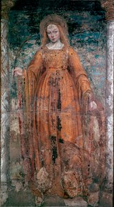 ベルゴニョーネ（1460-1523）と呼ばれるアンブロジオ・ダ・フォッサーノによるシエナの聖カタリナのフレスコ画。寸法：170x77cm ミラノ、ブレラ絵画館 作： Ambrogio da Fossano (c.1460 1523) (attr.to)