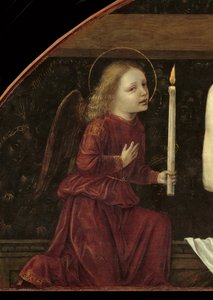 2人の天使に囲まれたピエタのキリスト 蝋燭を持つ天使を描いたディテール 作： Ambrogio da Fossano (c.1460 1523)