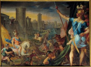 エルサレム前のクロイゼたちの陣地 詩人ル・タッセ（Il tasso）の「La jerusalem delibree」を描いたシリーズ「Histoire de Tancrede et de Clorinde」より アンブロワーズ・デュボア（1542-1614）の絵画 日。1,62 x 2,15 m フォンテーヌブロー。シャトー 作： Ambroise Dubois