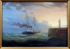 港を出て行く蒸気 ルイ・ガルネレイ（1783～1857）の絵画 19世紀 フェカン ニューファンドランド博物館蔵 作： Ambroise Louis Garneray