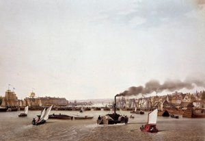 セーヌ川のルーアンへの河川交通の様子。アンブロワーズ・ルイ・ガルネレイ（1783-1857）による水彩画 19世紀 パリ、B.N. 作： Ambroise Louis Garneray