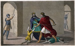 チルデバート1世は、クロテール（Clothaire）に、同じ州に住む兄のオルレアン王クロドミールの子供たちを虐殺させたのである。1825年にAmbroise Tardieuがデザインし、彫刻したもの。 作： Ambroise Tardieu