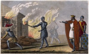 Clotaire (Clothaire) I (497 - 561)は息子のクラムネを小屋で焼き、反乱を起こす - Clotaireの治世。クロテールは自分に反抗した息子クラムネを小屋で焼いた - 1825年、Ambroise TardieuによるDessine et grave。 作： Ambroise Tardieu