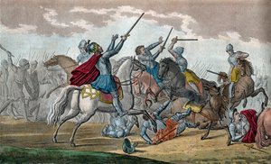Clovis I (466-511)、フランク王国の王、メロビンジアンの王朝 - AlamansとのTolbiacの戦いで、神が勝利を与えてくれればカトリックに改宗すると誓った - 1825年にAmbroise Tardieuが描いた絵と墓