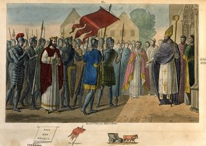 サン・ドニで旗を降ろすダゴベール 603～639年 - メロビンジアンの王朝であるフランク王国の王、ダゴベール1世（彼はサン・ドニ修道院を設立し、そこでオリフレームを保管した。1825年にAmbroise Tardieuが描いた絵と墓。 作： Ambroise Tardieu