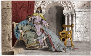 主権を認めて夫ラウール（936年没）の膝にキスをするエメ - 単純王シャルル3世の捕虜となった際に王として選んだ夫ラウール（890～936年頃）の膝にキスをするエマ・ド・フランス（894～934年） - 1825年のエングレーヴィング。 作： Ambroise Tardieu