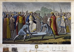 ユーグ・カペ（v. 941 - 996）は、ノヨンで開催された大王国の議会において、満場一致（後の教皇シルヴェストル2世であるジェルベール・ドーリヤックの功績が大きい）でフランス王（987年）に選出された（盾の上に立つユーグ・カペ） - 絵と墓b 作： Ambroise Tardieu