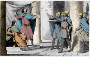 986年、従者に王冠を見せる不屈のルイ5世 - 986年、ユーグ・カペの保護によりフランス王となったルイ5世・ル・フェイナン（967〜987年頃） - 「Histoire de France expressed by synopt」の1825年のエングレーヴィング 作： Ambroise Tardieu