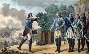 ルイ15世（1710年-1774年）。国王と王太子は、オーストリア継承戦争の結果にとって非常に重要であったフォントノワの戦いに参加する。ザクセンの元帥は1748年のフォントノワの戦いで勝利を収めた。- デザイン・彫刻：アンブロワーズ・タール 作： Ambroise Tardieu