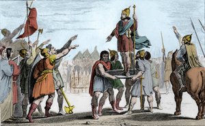 フランクス王ファラモンド1世（c370-427）。王に選出された民衆に盾の上に上げられた - フランクス・サリア人とガリア人が一つの民族に再統合されたことで認められたファラモンドは、盾の上に上げられ、勝利のために陣営を歩き回る - Legen