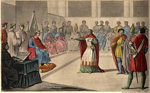 フィリップ5世（1294-1322）は「長い」と言った。1316年、ルーヴルに召集された三部会は、フィリップ5世を王として宣言し、姪のジャンヌを王位から排除した。フィリップ5世は死後、ジョン1世の後を継いだ。 作： Ambroise Tardieu