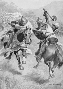 ロバートブルース（1274-1329）とヘンリードボフン（1276-1322）の出会い、イギリス海戦のイラスト（サーイブリンウッド（1838-1919）編）、1915年に初公開（カラーリソ） 作： Ambrose de Walton