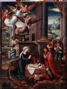 「降誕」 アンブロシウス・ベンソン (1495-1550) による絵画 16 世紀 エルミタージュ美術館、サンクトペテルブルク