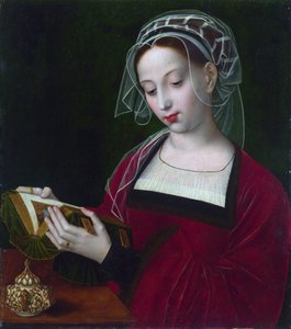 ""Mary Magdalene reading"" アンブロシウス ベンソン (1495-1550) による絵画、1525 年頃 ロンドン ナショナル ギャラリー 作： Ambrosius Benson