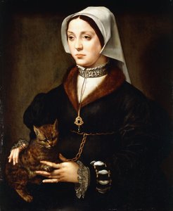 暗い衣装を着て、猫を抱いた、七分丈の女性の肖像画