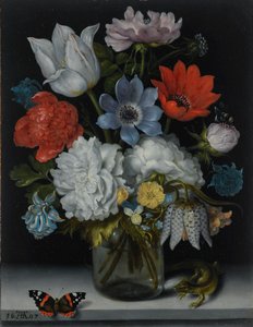 オランダ：大理石の桟に置かれたガラス瓶の中の花、その両脇にはアカボシゴマダラとトカゲ 大理石の桟に置かれたガラス瓶の中の花の静物、その両脇にはアカボシゴマダラとトカゲ