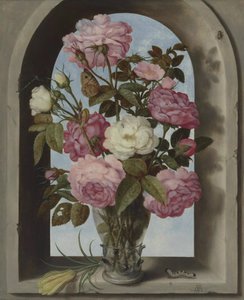 オランダ：ガラスの花瓶に入ったバラの静物画。