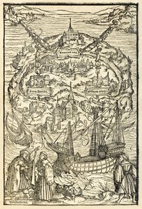 トーマスモア卿（1478-1535）による1518年のユートピアのニューユートピア島の地図。1516年に初公開。アンブロシウスホルバイン（1494〜1519年頃）の木版画にプロタゴニスのある島を表示