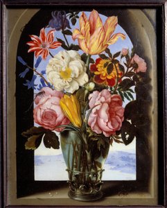 風景に向かって開かれた石枠の中の花束 アンブロシウス・ボスチャート（1573-1621）の絵