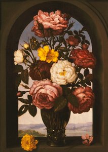 ターバンバターカップとケースブレッドのソウブレッドを持つRoemerのバラ、向こうの川の風景、 作： Ambrosius the Elder Bosschaert