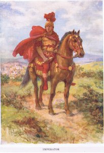 皇帝：もともとここのように、勝利したローマの将軍は野原で彼の兵士によって敬礼されました。後でタイトルは皇帝だけのために予約されました、イラストはローマの兵士、1928（colou