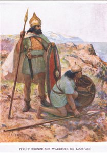 イタリック系の青銅器時代の戦士たちが警戒している様子（「ローマの兵士」のイラスト 作： Amedee Forestier