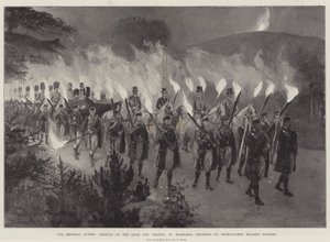 皇帝のゲスト、バルモラルへの皇帝と皇帝の到着、トーチを運ぶハイランダーズの付き添い 作： Amedee Forestier