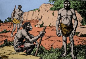 先史時代：ローデシア（現在のアフリカ、ザンビア）で化石が発見されたホモ・サピエンスの祖先、ホモ・ロデシエンシス（ブロークンヒルの人）を表現。A.フォレスティアが描いたもの。DR