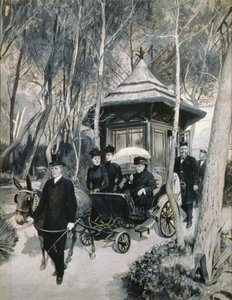ラバの馬車に乗り、ジョン・ブラウンを従えたヴィクトリア女王（グリザイユ 作： Amedee Forestier