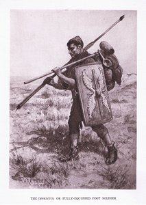 インペディトゥスまたは完全装備の歩兵、イラスト、ローマの兵士、1928 作： Amedee Forestier