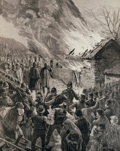 アイルランドでの家賃戦争：1887年1月29日の「The Illustrated London News」より、デリー州グレンベイで立ち退きした借家の家を焼く 作： Amedee Forestier