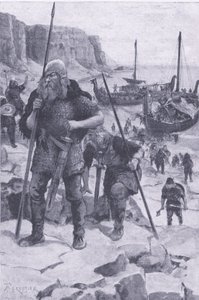 1922年に発行された「My Magazine」に掲載された「The Vikings find America」（リトグラフ）。 作： Amedee Forestier